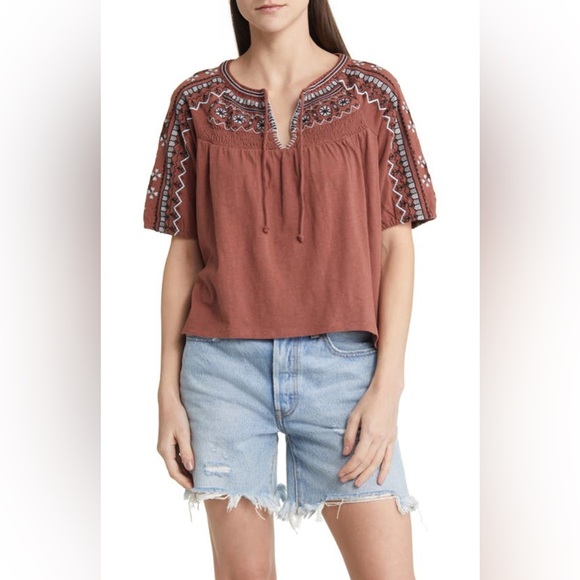 🌻🆕 LUCKY BRAND Short Sleeve Embroidered Swing Top-Cinnamon color-SIZE SMALL - Picture 1 of 12
